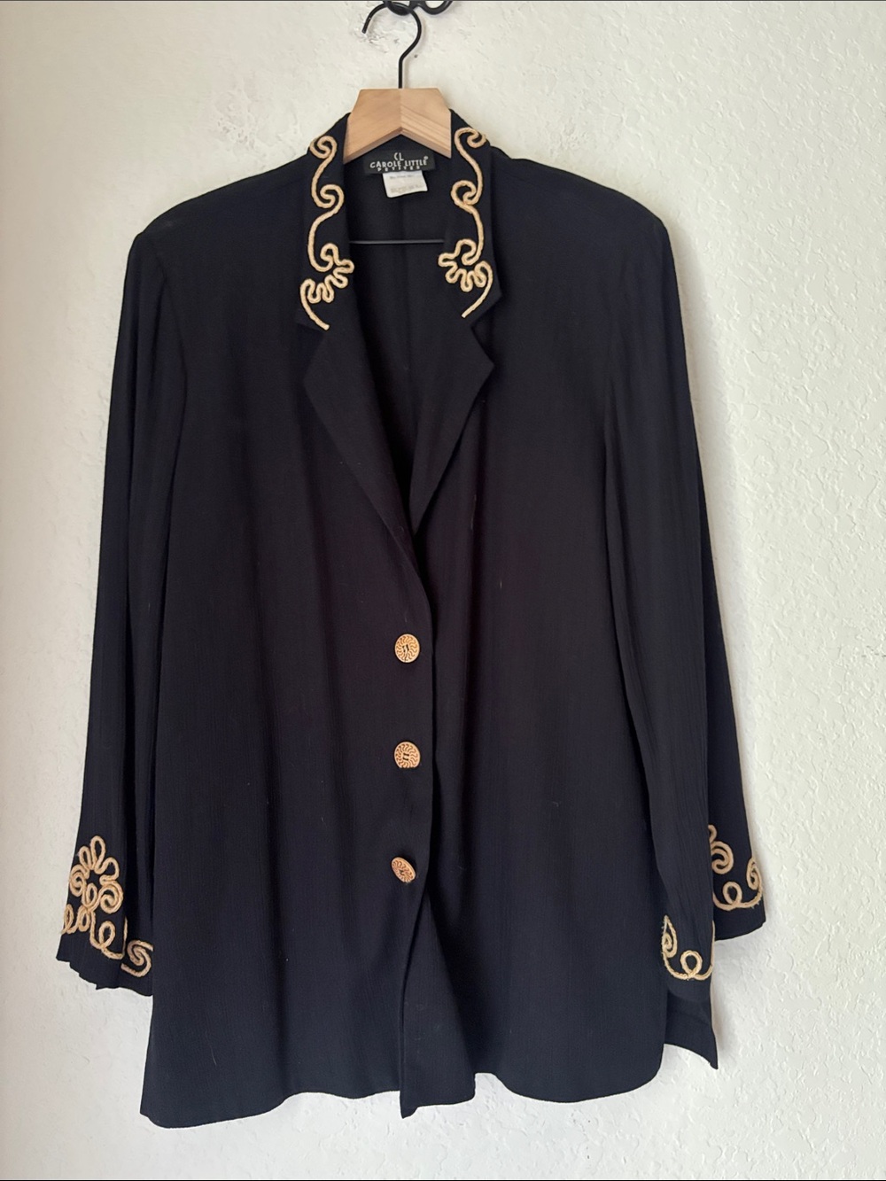 Vintage Carole Little Black jacket with cream embroidery & detailed buttons